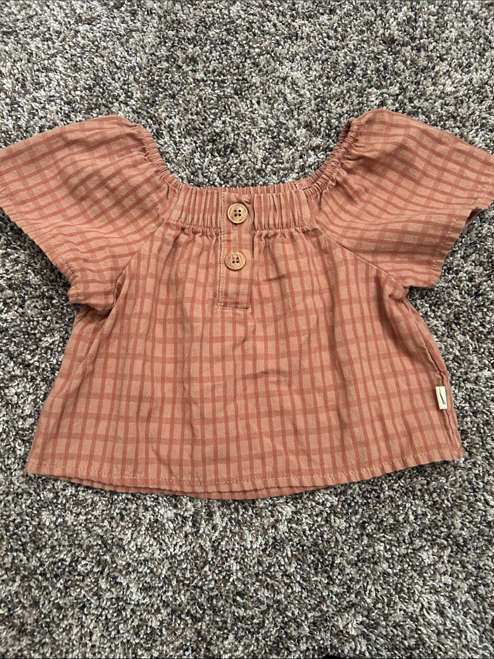 Girls' Rust Plaid Off-Shoulder Blouse with Button Detail